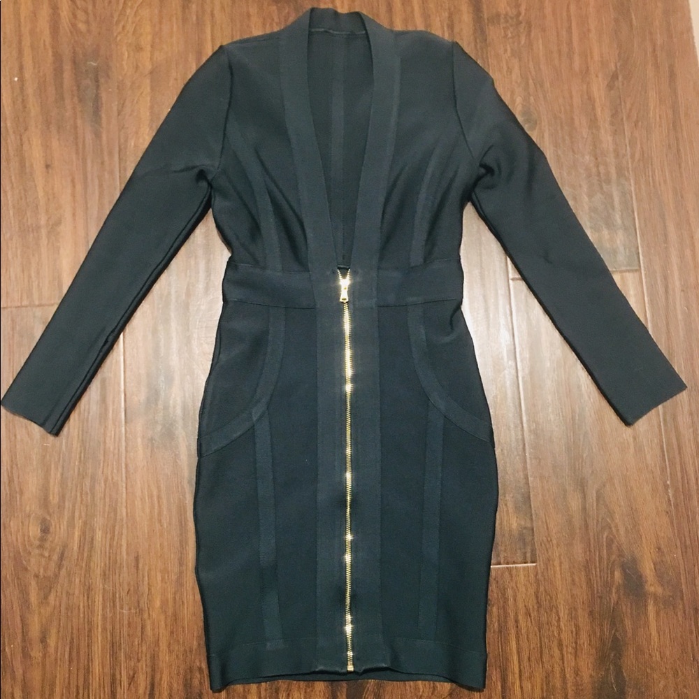 Uonbox Long Sleeve Deep V Neck Bandage Dress